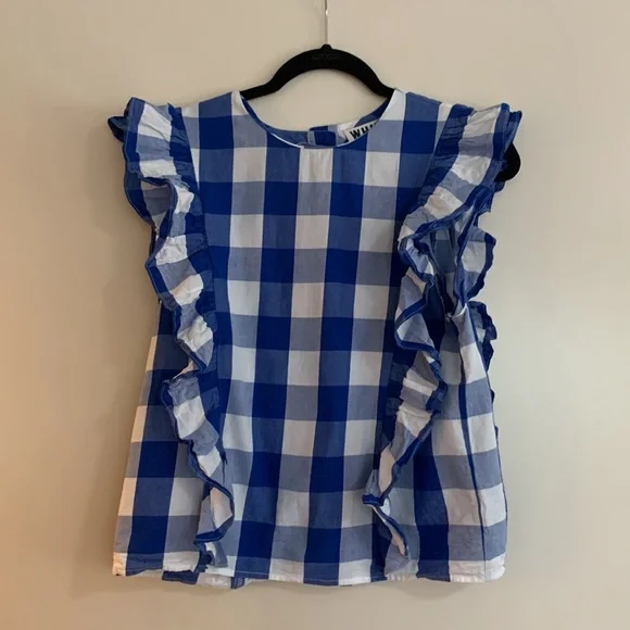 Anthropologie Blue Gingham Ruffle Sleeve Blouse Cottagecore Top Size Small - Picture 3 of 6